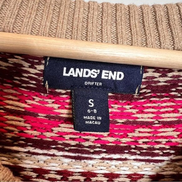 Lands End Womens Size Small Tan Pink Fairisle V Neck Cotton Sweater Holidays - Picture 6 of 11